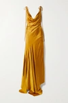 SOLACE LONDON ALETTA ASYMMETRIC DRAPED HAMMERED-SATIN GOWN
