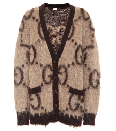 Gucci Reversible Gg Logo Jacquard Mohair Blend Cardigan In Beige Mix