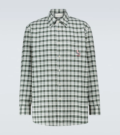 Gucci Cat Patch Check Cotton Flannel Button-up Shirt In Green Ivory Flannel