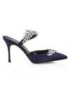 Manolo Blahnik Lurum 90 Embellished Satin Mules In Navy