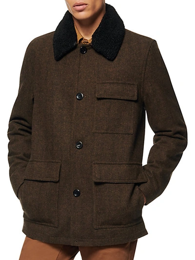 Andrew Marc Men's Novelty Wool Chore Coat W/ Removable Faux-shearling Collar In Olive
