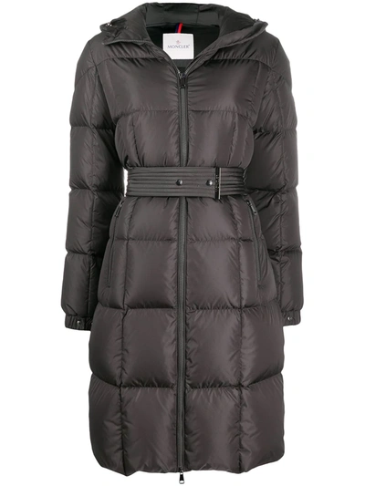 Moncler Belted Padded Hooded Coat In Grey