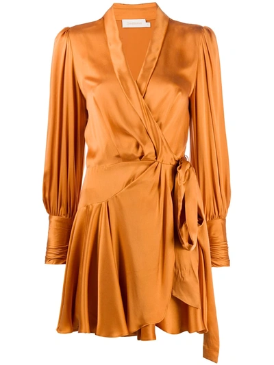 Zimmermann Silk Satin Wrap Mini Dress In Orange
