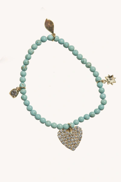 Rebecca Minkoff Pave Heart Beaded Stretch Bracelet In Gold/turquoise