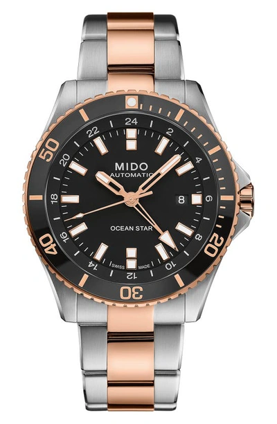 Mido Men's Swiss Automatic Ocean Star Gmt Two-tone Stainless Steel Bracelet Watch 44mm In Two Tone  / Black / Gold Tone / Rose / Rose Gold Tone