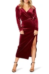 Bardot Morgan Long Sleeve Velvet Faux Wrap Dress In Burgundy