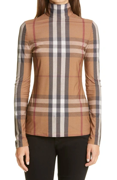 Burberry Vintage Check Pattern Turtleneck Top In Stretch Jersey In Brown