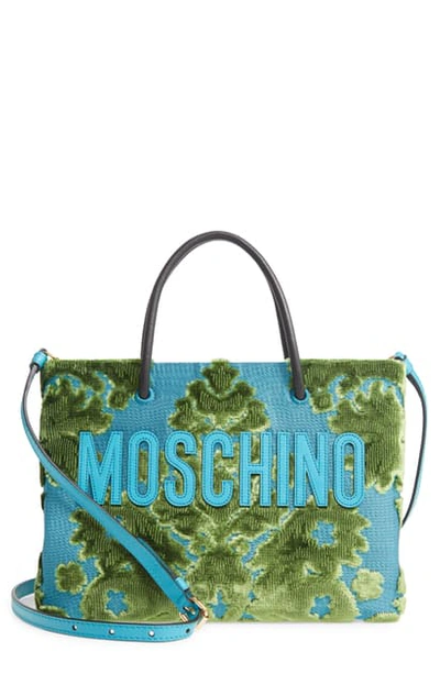 Moschino Tapestry Chenille Jacquard Shopping Bag In Fantasy Print Light Blue