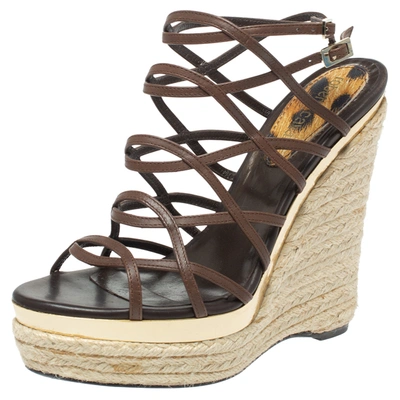 Pre-owned Roberto Cavalli Brown Leather Wedge Platform Espadrille Strappy Sandals Size 35