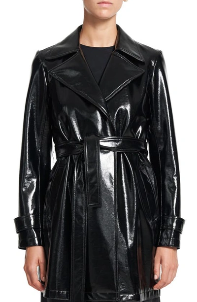 Theory Oaklane Short Faux Patent Leather Trench Coat In Black