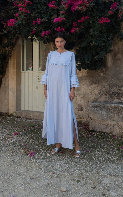 Luisa Beccaria Ruffled Striped Cotton-blend Dress In Blue