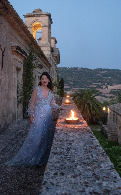 Luisa Beccaria Floral-embroidered Tulle Gown In Blue