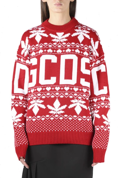 Gcds Red Woman Sweater With White Pattern And Inlaid Logo