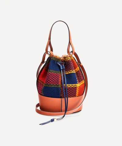 Loewe Balloon Tartan Leather Bucket Bag In Tan/red