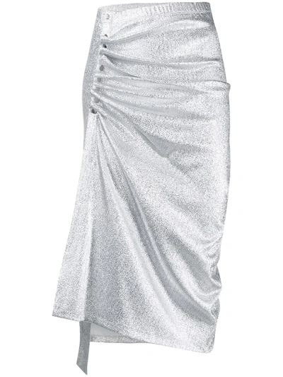 Paco Rabanne Ruched Metallic Midi Skirt In Silver