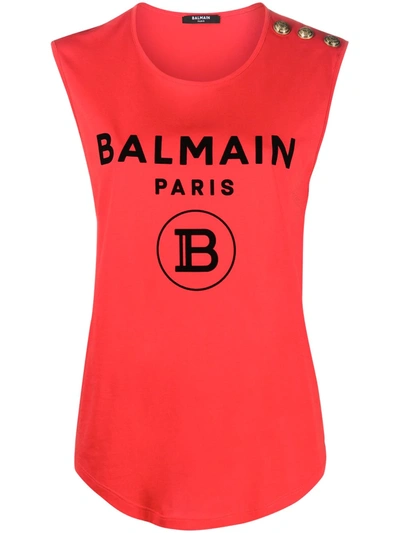 Balmain Chest Logo Cotton Tank Top In Red