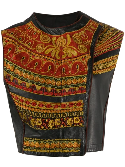 Pre-owned Jean Paul Gaultier 1990s Embroidered Panel Leather Vest In Black