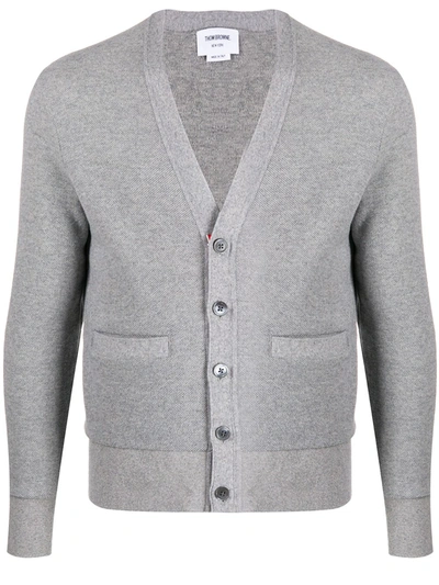 Thom Browne Light Grey Cashmere Pique V-neck Cardigan