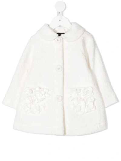 Monnalisa Babies' Textured Coat With Floral Embellished Pockets In White