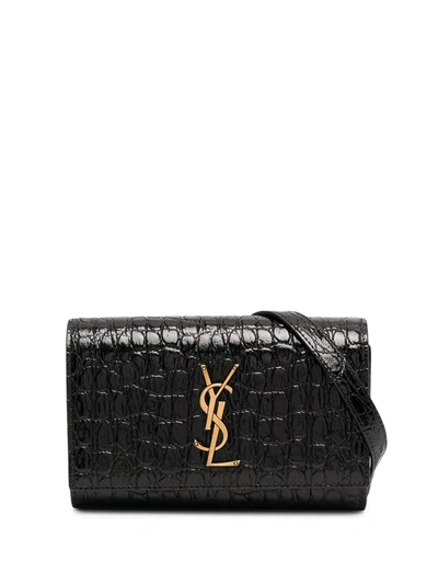 Saint Laurent Crocodile-effect Logo-plaque Belt Bag In 黑色