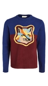 MAISON KITSUNÉ WOOL COLORBLOCK FOX HEAD CREW NECK SWEATER