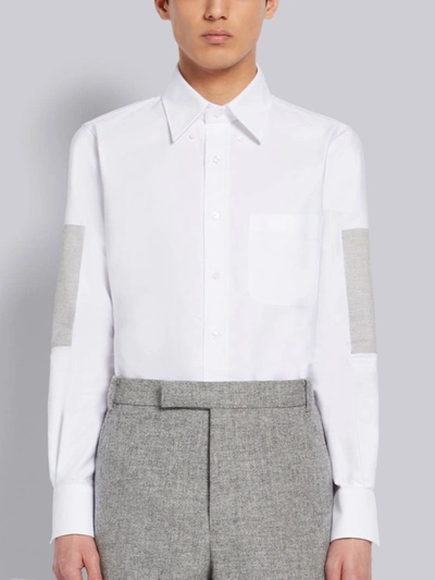 Thom Browne White Cotton Oxford Elbow Patch Straight Fit Long Sleeve Shirt