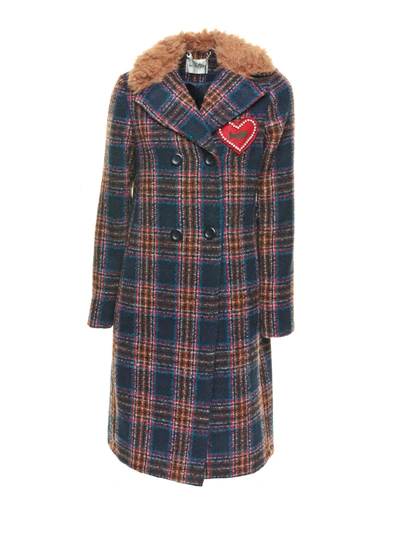 Be Blumarine Heart Patch Checked Coat In Blue