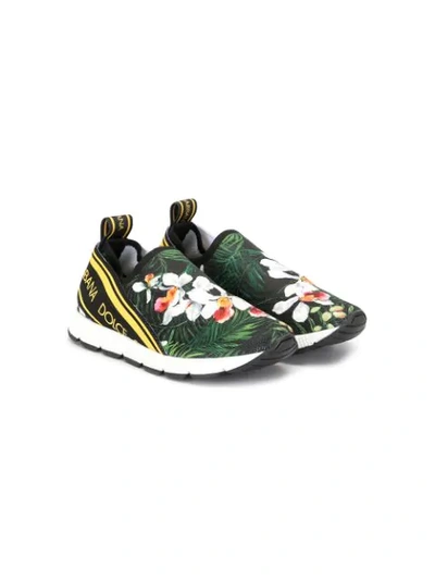Dolce & Gabbana Kids' Floral Print Logo Trainers In Green