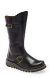 Fly London Womens Black Mes 2 Wedge Heel Buckle Mid-calf Leather Zip Platform Boots In Black Leather