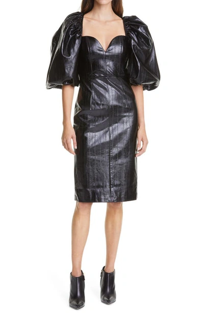 Rotate Birger Christensen Irina Puff Sleeve Textured Faux Leather Sheath Dress In Black