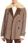 THEORY CHECK WOOL BLEND COAT WITH GENUINE SHEARLING COLLAR,K0801414