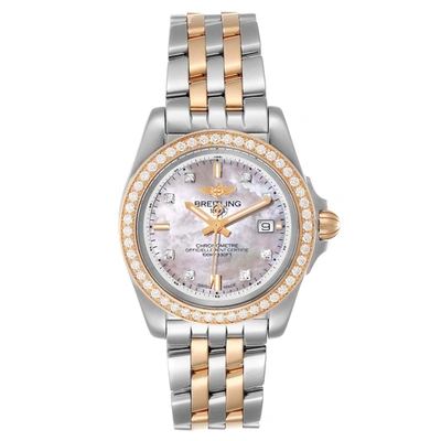 Pre-owned Breitling Mop Diamonds 18k Rose Gold And Stainless Steel Galactic C71330 Women's Wristwatch 32 Mm In White