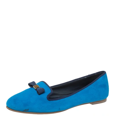 Pre-owned Tory Burch Blue Suede Leather Bow Slip On Loafers Size 38