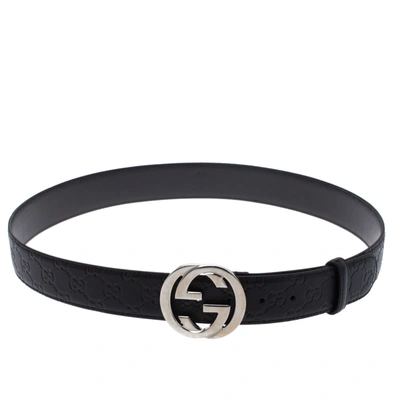 Pre-owned Gucci Ssima Leather Interlocking Gg Buckle Belt 90cm In Black