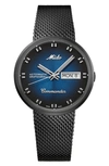 Mido Men's Swiss Automatic Commander Shade Black Pvd Stainless Steel Mesh Bracelet Watch 37mm In Black/ Blue