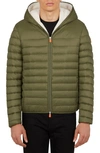 Save The Duck Giga Waterproof Faux Shearling Lined Puffer Jacket In Dusty Olive
