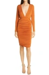 LE SUPERBE LA LADY LONG SLEEVE RUCHED PLUNGE BODY-CON DRESS,FW20-772
