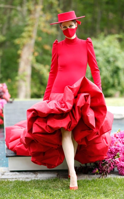 Christian Siriano Mock Neck Puff Sleeve High Low Hem Gown In Red