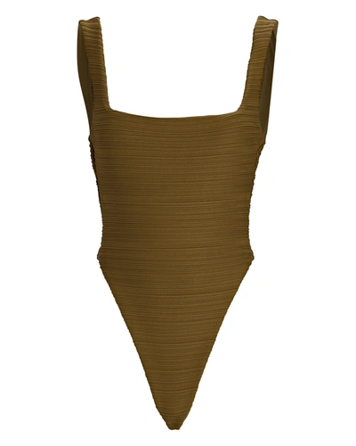 Mara Hoffman Idalia Pleated Recycled-fibre Swimsuit In Olive