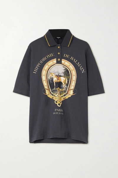 Balmain Printed Cotton-piqué Polo Shirt In Navy