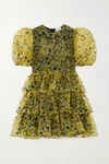 GANNI RUFFLED TIERED FLORAL-PRINT ORGANZA MINI DRESS