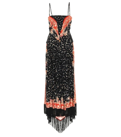 Paco Rabanne Asymmetric Fringe-trimmed Printed Satin-jersey Maxi Dress In Black