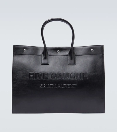 Saint Laurent Rive Gauche-logo Small Leather Tote Bag In Black