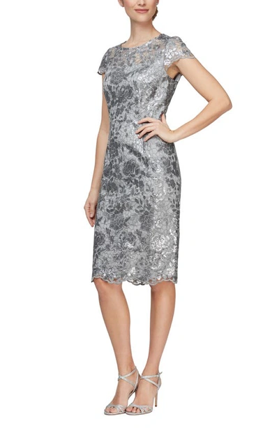 Alex Evenings Cap Sleeve Sequin Embroidered Sheath Dress In Silver