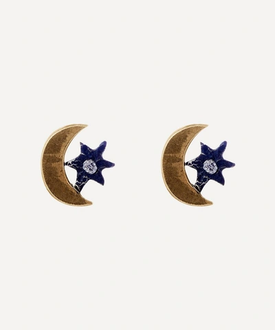 Acanthus Oxidised Silver And Gold Diamond Star And Crescent Moon Stud Earrings