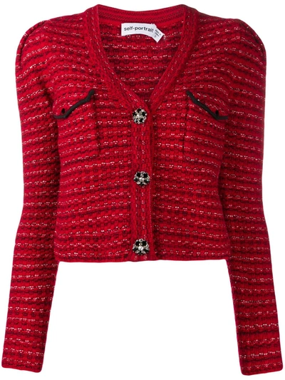 Self-portrait Knitted Button-up Cardigan In Red