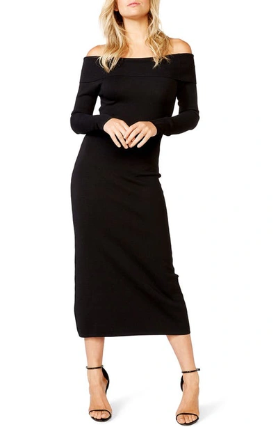 Bardot Off The Shoulder Long Sleeve Midi Dress In Black