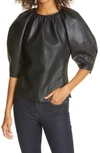 REBECCA TAYLOR FAUX LEATHER PUFF SLEEVE BLOUSE,620438B560