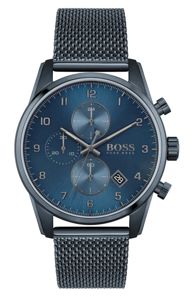 Hugo Boss Men's Chronograph Skymaster Blue Ion-plated Mesh Steel Bracelet Watch 44mm