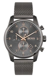 Hugo Boss Men's Skymaster Chronograph Gray Stainless Steel Mesh Bracelet Watch 44mm In Grey